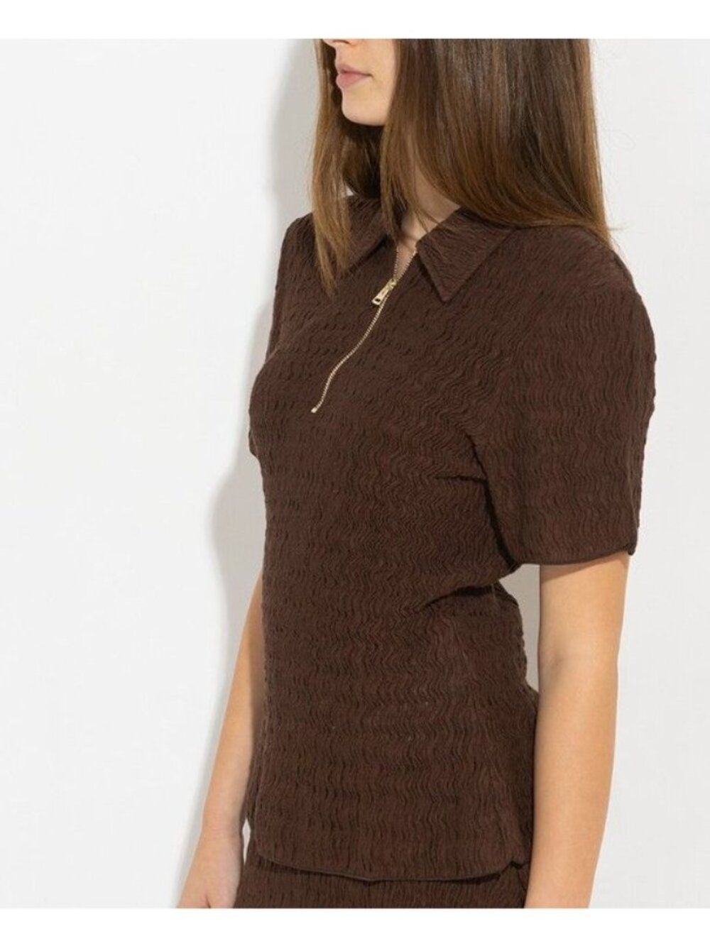 Marella Ivana Brown Blouse Textured Zipper Polo Size L NWT